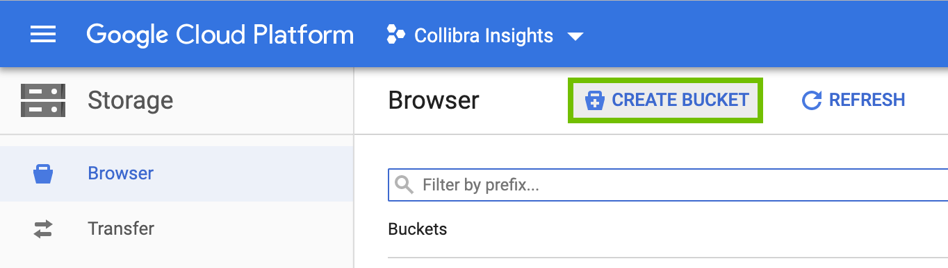 The Create Bucket button in the storage browser of a Google Cloud Platform project