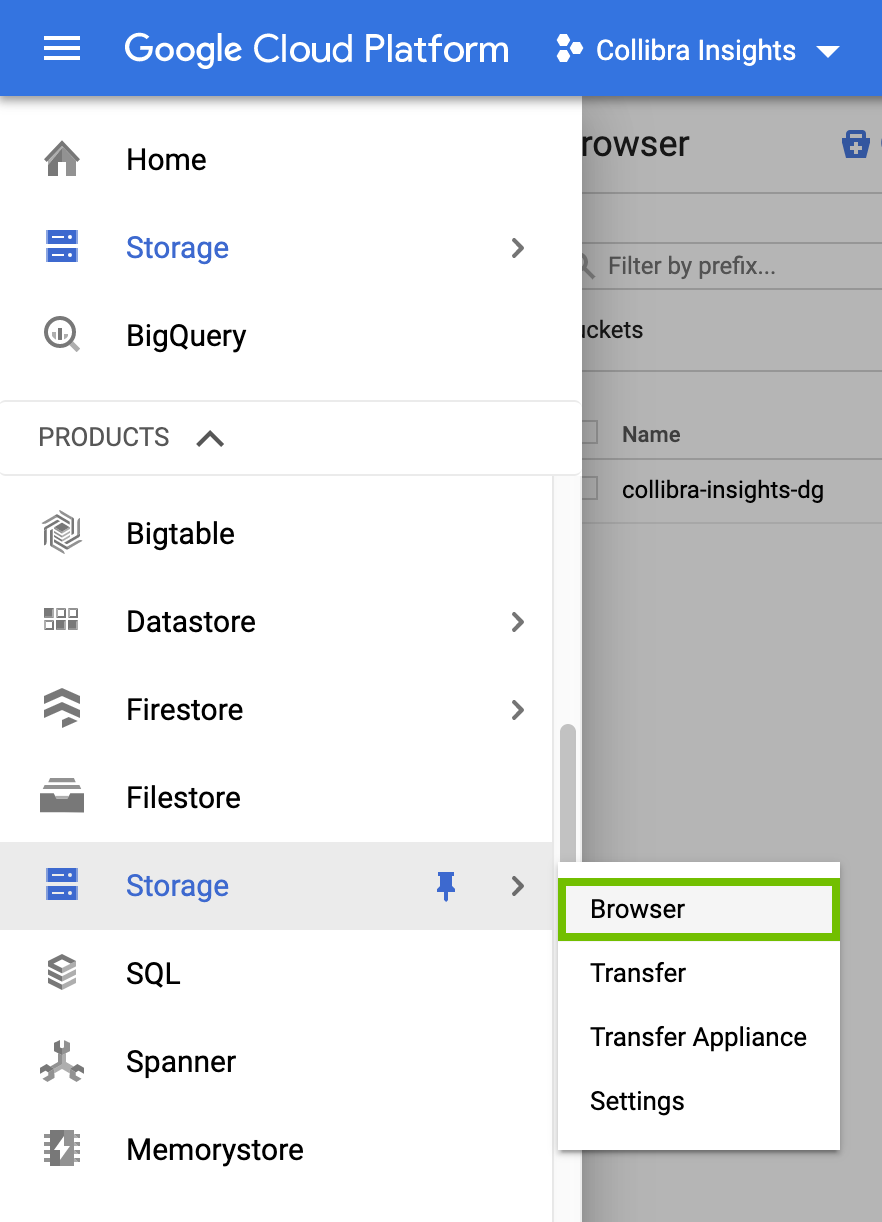 Path to the storage browser in a Google Cloud Platform project